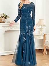 economico NERO-Abito madre della sposa abito elegante festa collo a giro lunghezza a terra cotone misto maniche lunghe con paillettes 2025