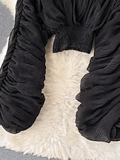 billiga Dressiga toppar-Dam Blus Chiffong toppar Slät Stylish Långärmad Puffärm V-hals Crop Tops Helgdag Utekväll Rynkad Svart Vit Purpur Grön Vår
