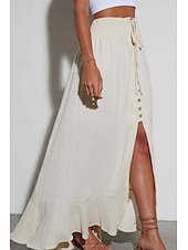 abordables Robes-Jupes femme inspirées du lin, mode, maxi, taille mi-haute, uni, ourlet asymétrique, extrémités fourchues, micro-élastique, vacances, rue, noir, blanc, été, coton