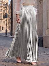 preiswerte Maxi-Röcke-Damen Rock Langer Rock Mode Lang Maxi Hohe Taille Röcke Einfarbig Gerafft Plissiert Schimmernd Mikroelastisch Täglich Ferien Silber Pfauenblau Marineblau Schwarz Frühling, Herbst, Winter, Sommer