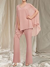 baratos Comprimento do chão-Macacão  Vestido de Calça Mãe da Noiva Vestido Convidada de Casamento Elegante Decote em V Comprimento do Chão Chiffon Manga Longa com Aplicações