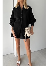 cheap Women’s Short Sets-Women&#039;s Active Basic Shirt Shorts Sets Long Sleeve Shirt Collar Solid Color Dubbele Rij Knopen Holiday Casual Daily Black White Yellow Summer Regular Fit