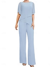 cheap Mom&#039;s Pant Suits-Pantsuit Mother of the Bride Dress Wedding Guest Elegant Simple Square Neck Floor Length Polyester Short Sleeve with Solid Color