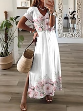 abordables Robes fleuries-Femmes Robe maxi Robe d&#039;Été Robe trapèze Vacances Occasionnel Chaussures de plage Soirée Sortir Coupe régulière Fleuri Graphique Manche Courte Col en V Rose Claire Blanche Rose Claire Printemps