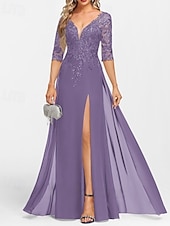 preiswerte Bodenlänge-A-Linie Brautmutterkleid Hochzeitsgast Elegant V Ausschnitt Bodenlang Chiffon Halbarm mit Applikationen Geteilter Vorderteil 2025