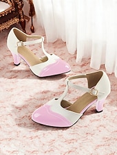 abordables Madre de la Novia/Novio-Zapatos Mary Jane con tiras en T de estilo vintage de los años 50 para mujer: zapatos de tacón bajo con diseño brogue de dos tonos para fiestas retro, ropa de oficina y ocasiones especiales