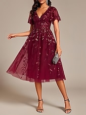 cheap Cocktail Dresses-A-Line Cocktail Dresses Elegant Dress Homecoming Party Wear Tea Length Short Sleeve V Neck Sequined with Sequin Dresses