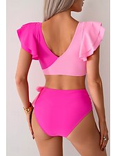 preiswerte Bikini-Sets-Damen Badeanzug Bikini Bademode Hoch tailliert Tropisch Strandbekleidung Farbblock V-förmiger Draht-Ausschnitt Ärmellos Badeanzüge