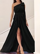 baratos Vestidos para Madrinhas-Vestido de mãe da noiva em corte A, elegante, vintage, simples, um ombro, comprimento até o chão, chiffon, sem mangas, com laço(s), cor sólida, fenda 2025