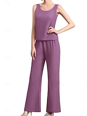 economico Sotto 129,99 $-Pantaloni Abito Madre della Sposa Ospite Matrimonio Elegante Semplice Collo Gioiello Lunghezza del Pavimento Chiffon Manica Lunga con Colore Solido