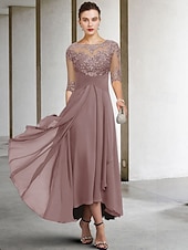 voordelige Vloerlengte-A-Lijn Moeder van de Bruid Jurk Bruidsgast Elegant Plus Size Hoog Laag V-Hals Asymmetrisch Enkel Lengte Chiffon Kant Halve Mouw met Beading Applicaties gratis maatwerk