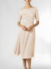 levne Délka čaje-A-line šaty matky nevěsty svatební host elegantní drobné výstřih do lodi délka po kolena chiffon poloviční rukáv s plisováním jednobarevné bez vlastního měření