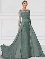 preiswerte Bodenlänge-Kleid  Säulen-Kleid Brautmutter Kleid Elegantes Bateau-Ausschnitt Bodenlang Chiffon Spitze Lange Ärmel mit Spitze Einfarbig
