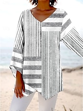 billige Kvinne Striper &amp; Geometriske Topper-Dame Bluse Grafisk Stripet Stilfull Strandstil Kortermet V-hals Vanlige topper Daglig Trykt mønster Rosa Blå Grå Vår Høst
