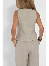 cheap Sets-Women&#039;s Active Basic Linen-Inspired Sets Two Piece Sets Blouse Sleeveless V Neck Solid Color Dubbele Rij Knopen Vacation Casual Daily Black White Wine Summer Regular Fit