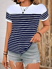 billige Stripe og geometrisk t-skjorte-Dame T skjorte hav Stripet Fritid Kortermet Rund hals Vanlige topper Daglig Ut på byen Helg Trykt mønster Navyblå Sommer