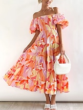 levne květinové šaty-Ženské plus size maxi šaty A-linie šaty mléčná sláma šaty off the shoulder šaty s puff rukávy dovolená outdoor každodenní běžný střih jednobarevné krátký rukáv off shoulder žlutá světlá