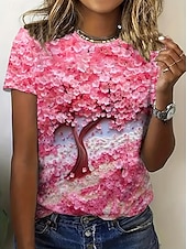 ieftine tricou floral-Pentru femei Tricou Topuri de vară Grafic Sakura Clasic Casual Manșon scurt Stil Nautic Crop Tops Zilnic Sfârșit de săptămână Imprimeu Roz Îmbujorat Vară Primăvară Toamnă