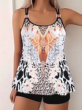 billiga Tankinis-Dam Plusstorlekar Badkläder Tankini 2 st Längre baddräkt Pojkeben Baddräkt Hög midja Stickat Stylish Sportig Paisley Genomskinlig Rund hals Ärmlös Baddräkter