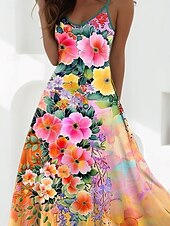 preiswerte Blumenkleider-Damen Maxikleid A Linie Kleid Sommerkleid Unterkleid Urlaub Lässig Täglich Normale Passform Blumen Grafik Ärmellos V Ausschnitt Orange Sommer Frühling