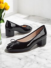 cheap Block Heels-Women&#039;s Black Patent Leather Block Heel Ballet Pumps with Bow - Elegant Round-Toe Shoes for Work, Office &amp; Formal Events