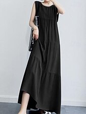 abordables Robes-Femmes Robe Longue Maxi Robe Robes inspirées du lin Robe Décontractée Mode Classique Moderne Vacances Sortir Week-end Coupe régulière Uni Sans manches Col ras du cou Noir Vert Gris Été