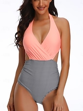 billige Onepiece badedrakter-Kvinners Badetøy Én Delt Monokini Badedrakt Ryggløs Magekontroll Høy Midje Slim Ferie Strandklær Blomster Prikkete V-Hals Ermeløs Badedrakter