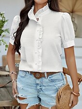 voordelige Dames eenvoudige tops-Dames Overhemd Gestreept Stijlvol Casual Korte mouw Overhemdkraag Normale tops Dagelijks Ruche Knop Afdrukken Wit Blozend Roze blauw Groen Zomer