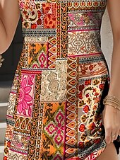 olcso Bohém ruhák-Nők Mini Ruha A Vonalú Ruha Nyári Ruha Off The Shoulder Ruha Nyaralás Hétköznapi Napi Laza Illeszkedés Grafikus Vintage Bohemian Ujjatlan U Nyak Narancs Nyár