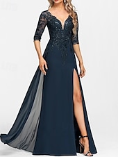 preiswerte Bodenlänge-A-Linie Brautmutterkleid Hochzeitsgast Elegant V Ausschnitt Bodenlang Chiffon Halbarm mit Applikationen Geteilter Vorderteil 2025