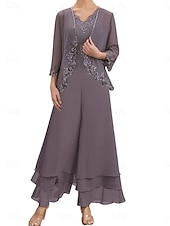economico Tailleur pantalone della mamma-Set di Abiti Madre della Sposa Abito Ospite di Matrimonio Elegante Semplice V Collo Lunghezza Piena Poliestere Maniche Lunghe con Ricamo