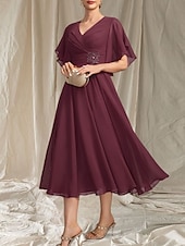 preiswerte Teelänge-A-Linie Brautmutterkleid Hochzeitsgast Elegant V-Ausschnitt Tee-Länge Chiffon Kurzarm mit Applikationen Raffung Midi-Kleid 2025