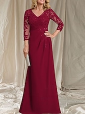 preiswerte Bodenlänge-A-Linie Brautmutter Kleid Hochzeitsgast Elegant V-Ausschnitt Bodenlänge Chiffon 3/4-Länge Ärmel mit Perlenapplikationen