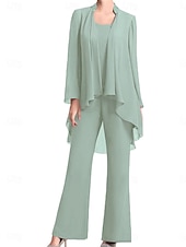 economico Sotto 129,99 $-Pantaloni Abito Madre della Sposa Ospite Matrimonio Elegante Semplice Collo Gioiello Lunghezza del Pavimento Chiffon Manica Lunga con Colore Solido