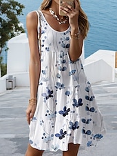 preiswerte Blumenkleider-Damen Mini Kleid Freizeitkleid Sommerkleid Bohemia Urlaub Freizeit Urlaub Täglich Urlaub Regulärer Fit Floral Grafisch Ärmellos Rundhalsausschnitt Weiß Sommer