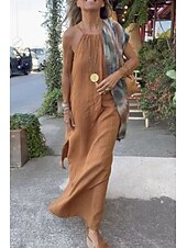 economico disegnare abiti in cotone e lino-Per donna Abito Midi Abiti ispirati al lino Abito in cotone e lino Abito Sottoveste Moda Essenziale Classico All&#039;aperto Quotidiano Ferie Vestibilità regolare Semplice Senza Maniche Spalline sottili