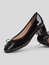 cheap Block Heels-Women&#039;s Black Patent Leather Block Heel Ballet Pumps with Bow - Elegant Round-Toe Shoes for Work, Office &amp; Formal Events