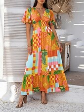 levne Umění a design šaty-Dámské maxi šaty A-line šaty vypasované a rozšířené šaty šaty s nadýchanými rukávy volnočasové dovolená denní běžné střih květinové krátký rukáv V výstřih bílé růžové fialové oranžové léto