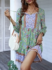 billiga Bohemklänningar-Dam Mini klänning Vardagsklänning Sommarklänning Boho-klänning Mode Utomhus Semester Dagligen Normal Blommig 3/4 ärm V-hals Gul Rodnande Rosa Blå Grön Sommar