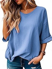 cheap Plain Tops-Women&#039;s Blouse Solid Color Elegant Daily Stylish Half Sleeve Crew Neck Regular Tops Daily Linen Like Blue Purple Orange Green Summer Spring