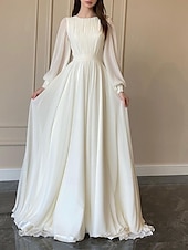 preiswerte Weiße Freizeitkleider-Erntedank Damen Normal kleid lang Weißes Kleid Chiffon-Kleid Schaukelkleid Elegant Ausgefallene Laternenärmel kleid hochzeitsgast Geburtstag Regular Fit Feste Farbe Langarm Rundhalsausschnitt Weiß