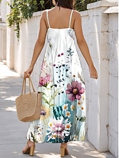 preiswerte Blumenkleider-Damen Midikleid Sommerkleid A Linie Kleid Unterkleid Urlaub Lässig Urlaub Täglich Strand Normale Passform Blumen Grafik Ärmellos V Ausschnitt Weiß Sommer Frühling