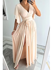 preiswerte Weiße Freizeitkleider-Damen kleid lang Formelle Kleidung Modisch Trompetenärmel Party Verabredung Regular Fit Glatt Kurzarm V Ausschnitt Schwarz Rote Blau Khaki Sommer
