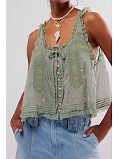 cheap Lace Tops-Women&#039;s T Shirt Blouse Plain Fashion Sleeveless V Neck Regular Tops Going out Weekend Lace Black White Brown Green Summer