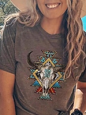 abordables T-shirt Boho-Femmes Hauts d&#039;été Graphique Tribal Mode Western Occasionnel Manche Courte Col rond Hauts Réguliers Quotidien Sortir Week-end Patchwork Imprimé Marron Été Printemps
