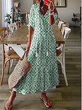tanie Sukienki boho-Damskie Długa sukienka sukienka maxi Sukienka Boho Sukienka z nadrukiem Sukienki Peplum Romantyczna Nowoczesny Bufka Codzienny Święto Plaża Luźna Graficzny Kwiat Rękaw 1/2 W serek Rumiany r