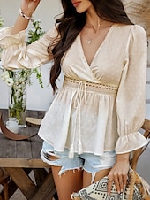 billige Kvinne Enkle Topper-Kvinners Bluse Boho Skjorte Enfarget Stilfull Avslappet Langermet V-Hals Vanlige Topper Daglig Lappverk Utskjæring Sort Hvit Blå Aprikos Sommer Vår