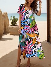preiswerte Hawaiian-Kleider-Damen Maxikleid Sommerkleid A Linie Kleid Urlaub Lässig Normale Passform Grafik Blatt Kurzarm V Ausschnitt Colourful Sommer Frühling