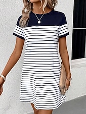 cheap Stripe&amp;Geometric Dress-Women's Mini Dress Shift Dress T Shirt Dress Tee Dress Summer Dress Formal Work Regular Fit Graphic Stripe Short Sleeve Crew Neck Navy Blue Gray Summer Spring