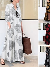 abordables Robes fleuries décontractées-Femme robe longue Robe en coton et lin Robe imprimée Mode du quotidien Fin de semaine Standard Fleur manche longue Col de Chemise Noir Blanche Jaune Rouge Eté